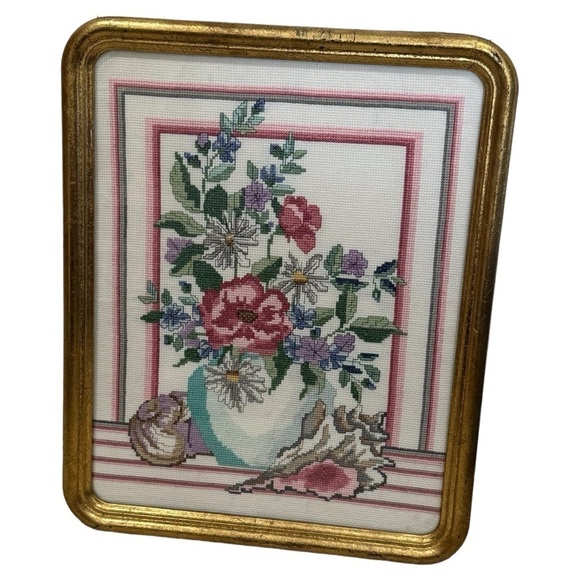 Vintage 1987 Counted Cross Stitch Shells & Floral Vase Gold Framed Wall Decor - Picture 3 of 7